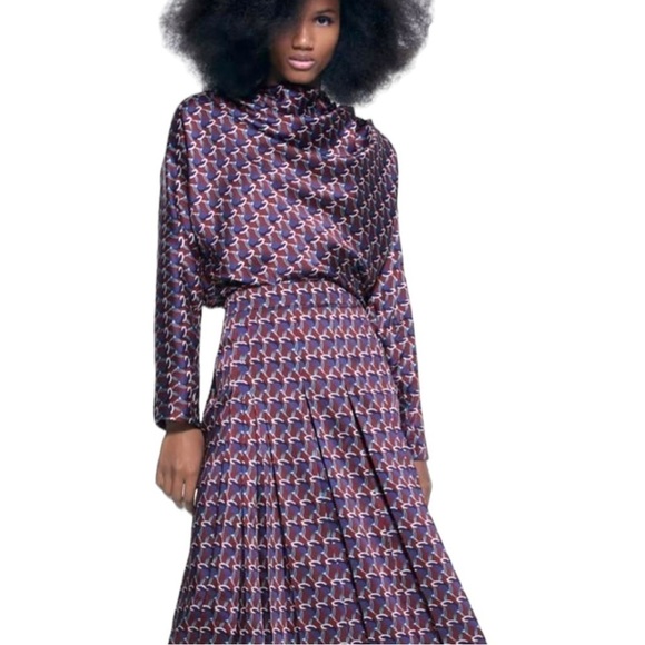 Zara Dresses & Skirts - Zara Geometric Print Silky Satin Midi Skirt with Pleats